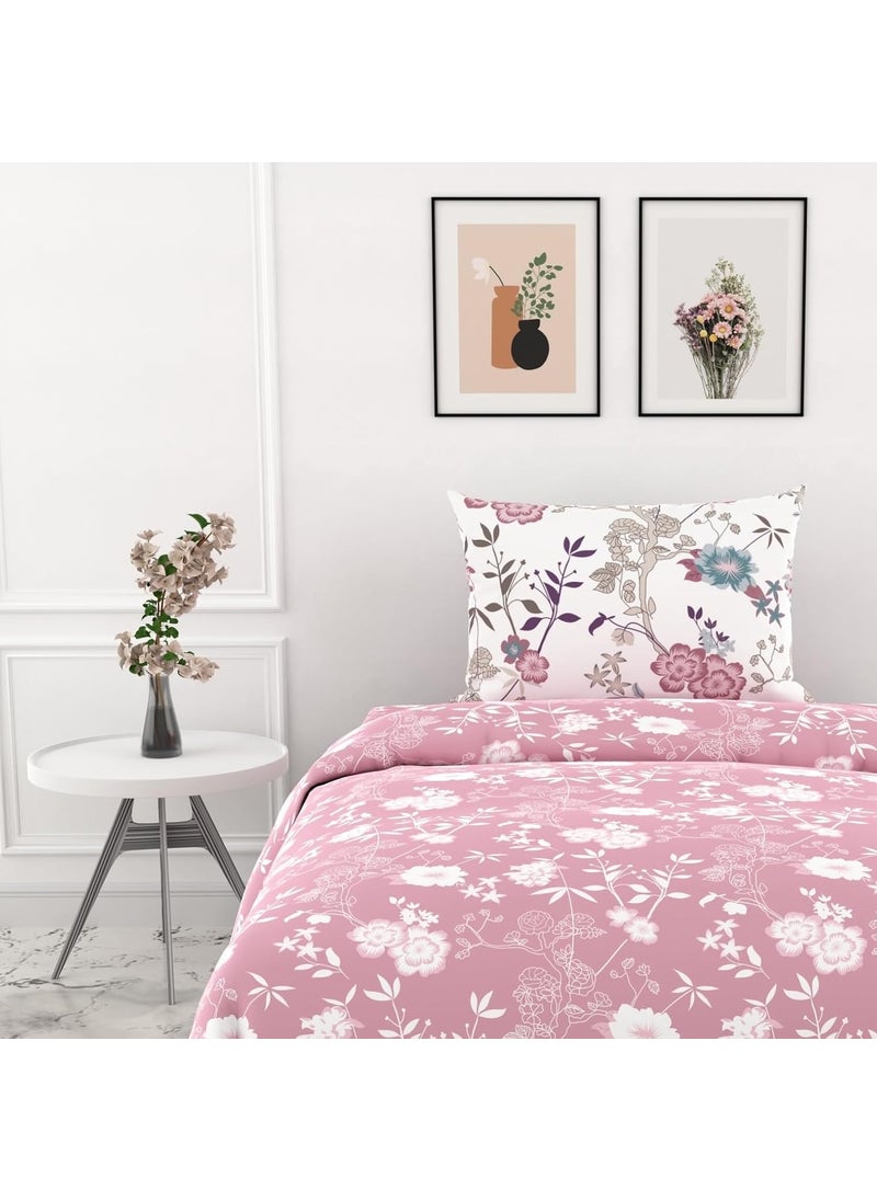 LORETO A QUALITY LINEN BRAND 100 Pure Cotton Bedsheet for Single Bed 144TC Soft Breathable Single Bed Sheet with Pillow Cover Soft Pink Florals 54 x 84 Inches