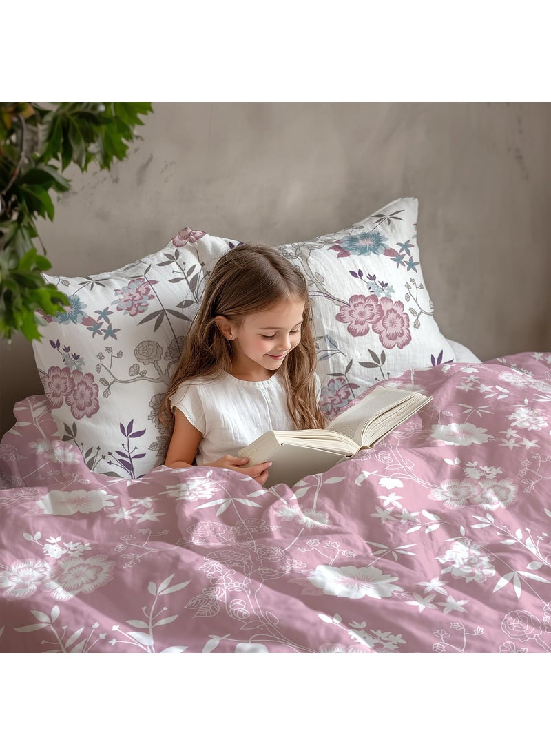 LORETO A QUALITY LINEN BRAND 100 Pure Cotton Bedsheet for Single Bed 144TC Soft Breathable Single Bed Sheet with Pillow Cover Soft Pink Florals 54 x 84 Inches