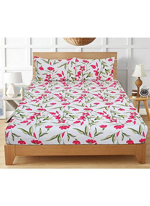 MORADO 3D Printed 144 TC Glace Cotton Double Bedsheet with 2 Pillow Covers White and Red 90X90 Inches