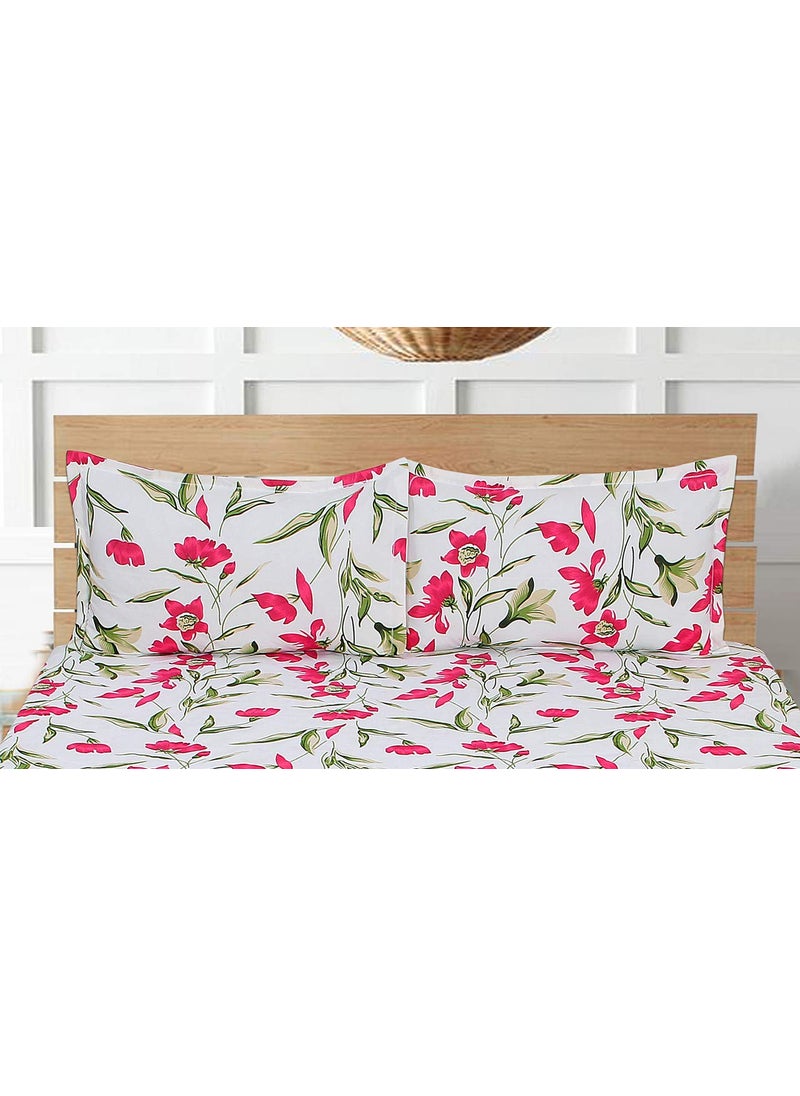 MORADO 3D Printed 144 TC Glace Cotton Double Bedsheet with 2 Pillow Covers White and Red 90X90 Inches