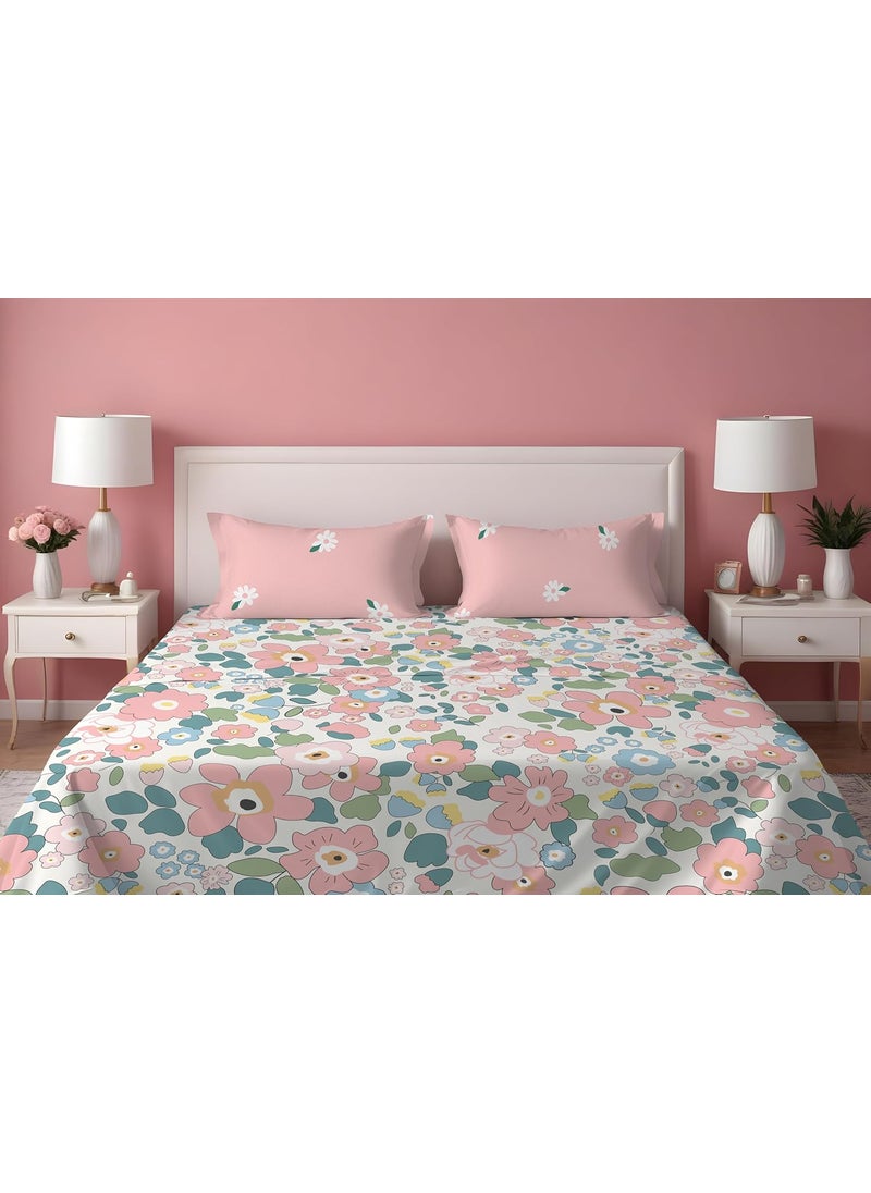 DREAMLET Prime Collections 160TC Pure Cotton Breathable Supersoft Wrinkelfree Double Flat Bedsheet with 2 Pillow Covers Pink Flat