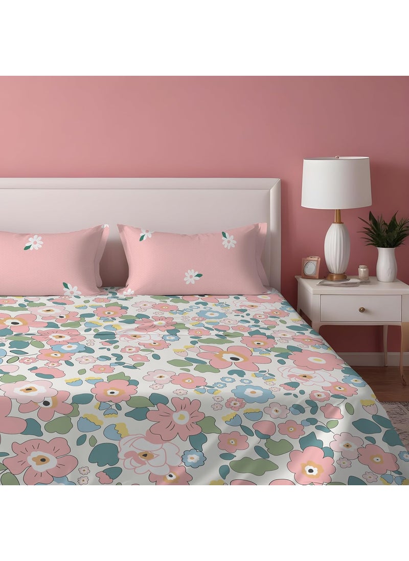 DREAMLET Prime Collections 160TC Pure Cotton Breathable Supersoft Wrinkelfree Double Flat Bedsheet with 2 Pillow Covers Pink Flat