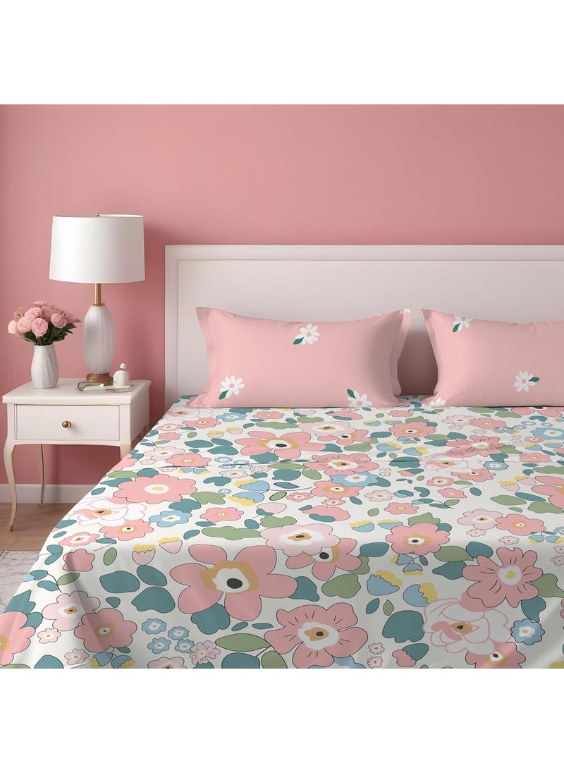 DREAMLET Prime Collections 160TC Pure Cotton Breathable Supersoft Wrinkelfree Double Flat Bedsheet with 2 Pillow Covers Pink Flat