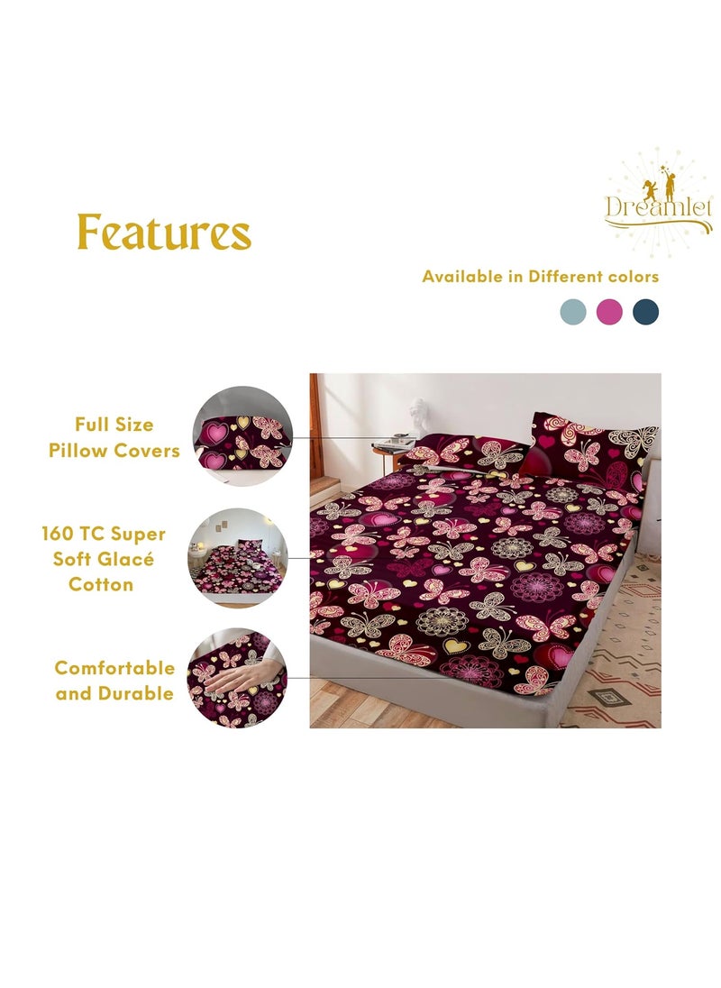 DREAMLET Prime Collections 160TC Glace Cotton Wrinkelfree Breathable Supersoft Double Flat Bedsheet with 2 Pillow Covers Pink Butterfly Flat