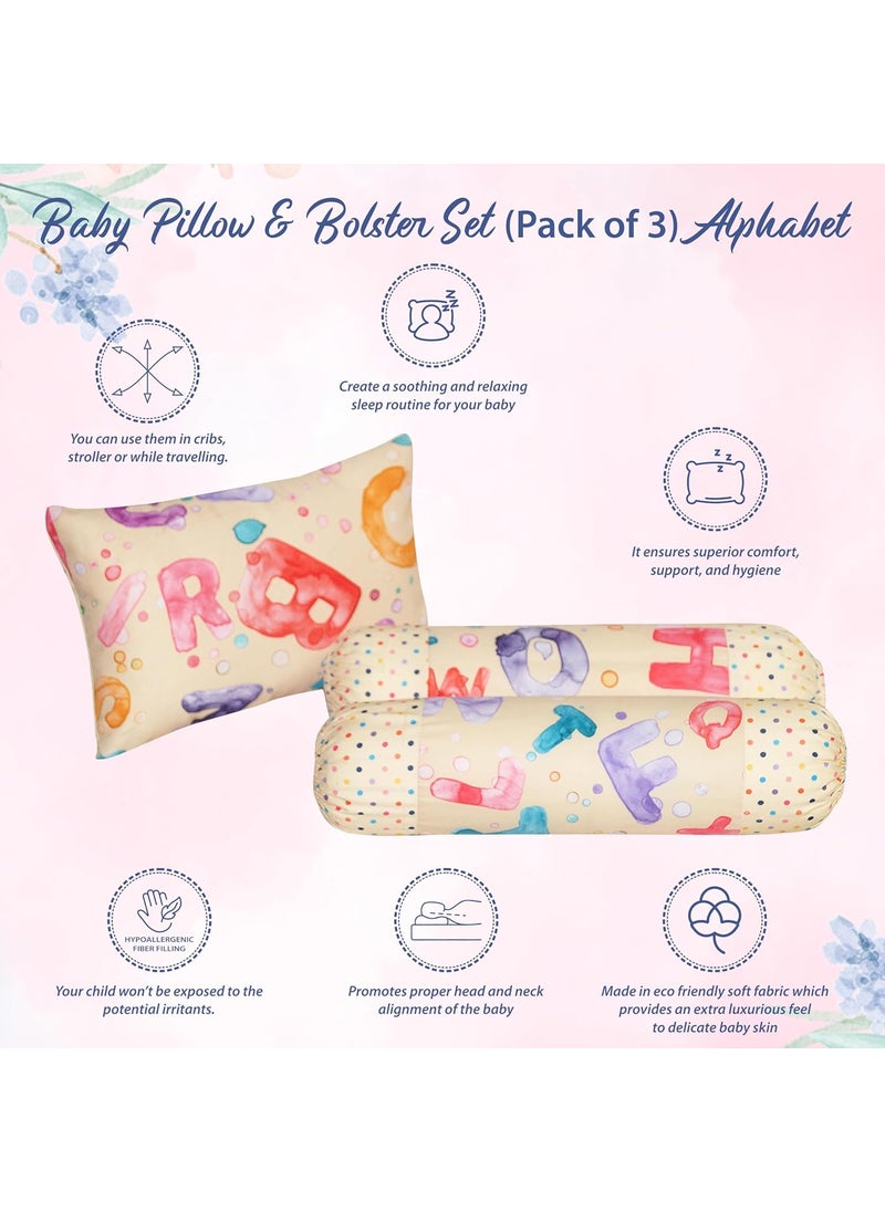Oscar Home Toddler Pillow and Bolster Set with Covers which are Removable Washable for Boys Girls Pack of 3 Alphabet