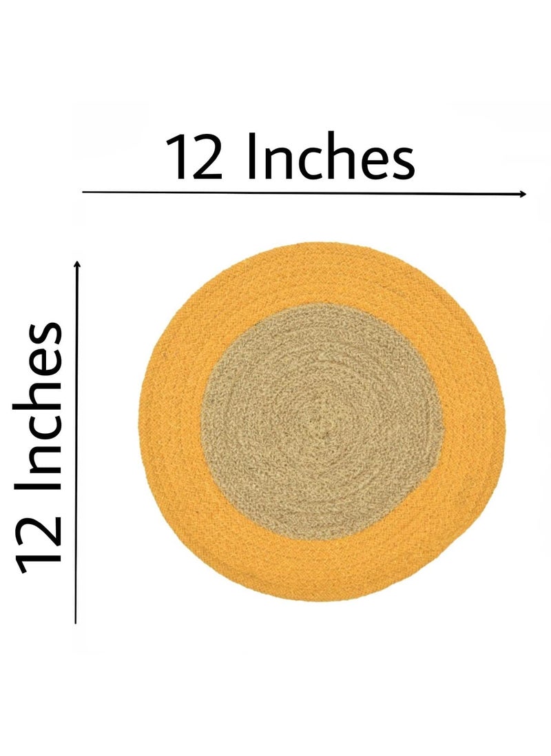 HOMADORN JuteCotton Round Trivet Reversible Table Place Mat for Casserole Plate Pan Tray Bowl Vase Decorative Sculptures Yellow Pack of 6 12 INCHES X 12 INCHES