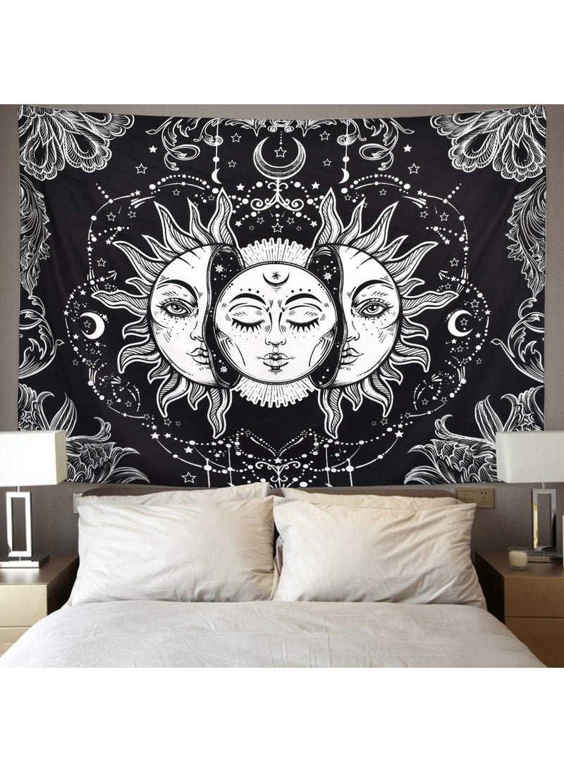 DRAVY HANDICRAFTS Cotton Sun Moon and Star Tapestry Wall Hanging Twin 84x54 Inches Black White