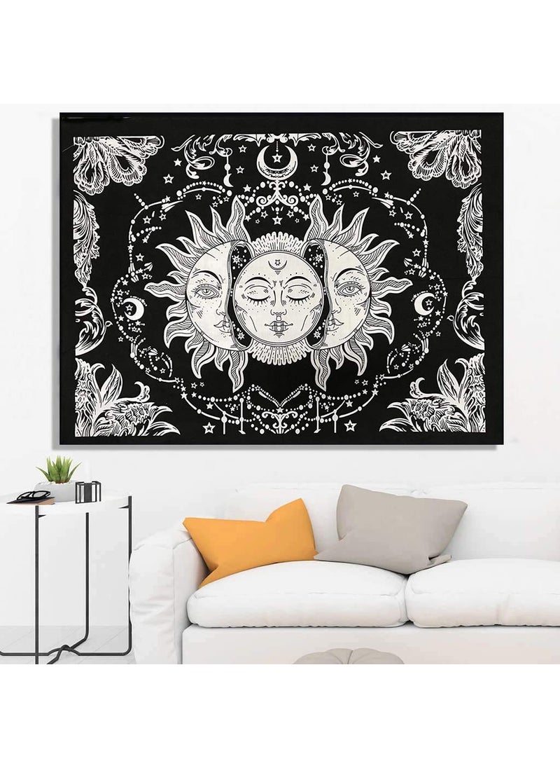 DRAVY HANDICRAFTS Cotton Sun Moon and Star Tapestry Wall Hanging Twin 84x54 Inches Black White