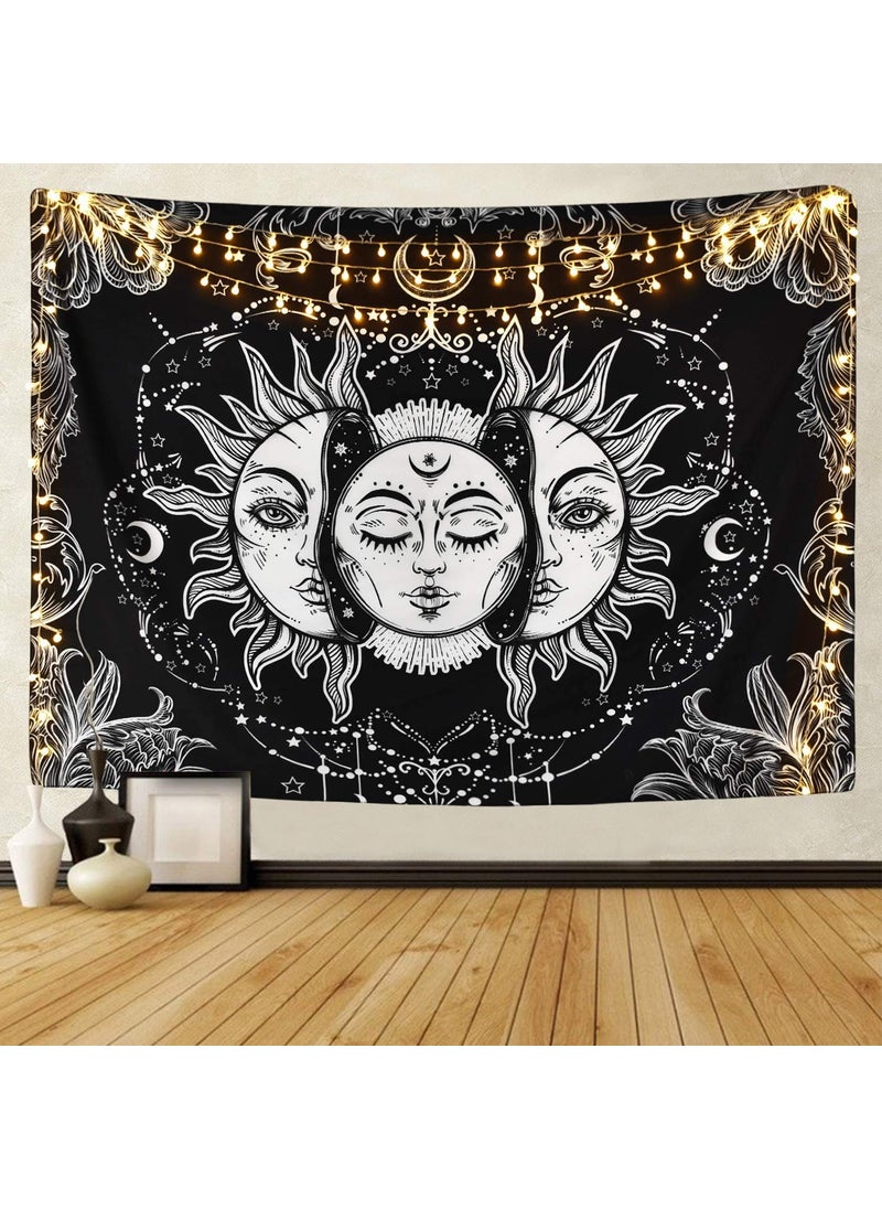 DRAVY HANDICRAFTS Cotton Sun Moon and Star Tapestry Wall Hanging Twin 84x54 Inches Black White