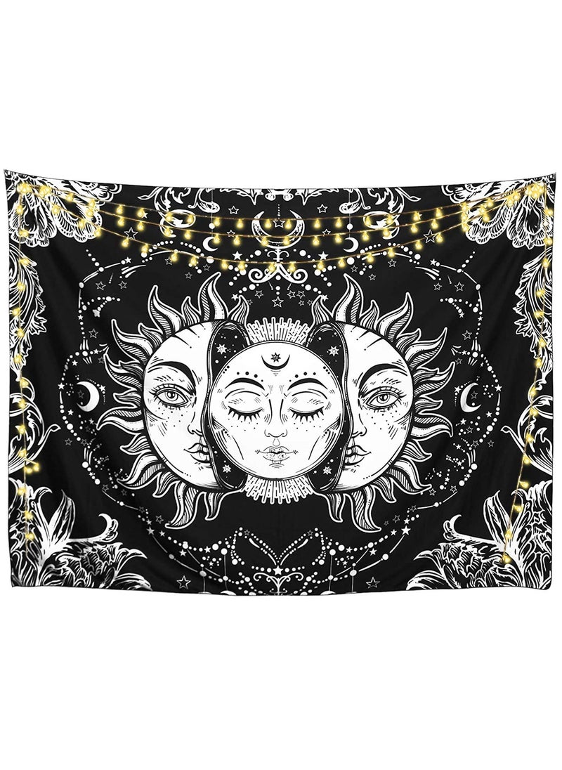 DRAVY HANDICRAFTS Cotton Sun Moon and Star Tapestry Wall Hanging Twin 84x54 Inches Black White