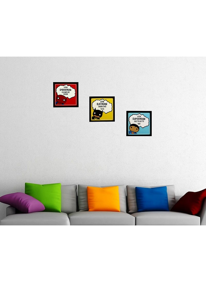 Indianara 3 Piece Set of Framed Wall Hanging Kids Room Decor Spiderman Batman Superman Art Prints 87 inch X 87 inch Without Glassmulticolor10