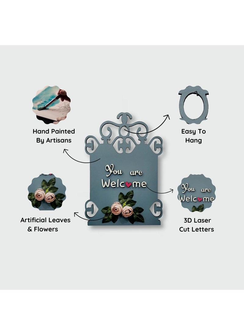 Chalk My Theme You are Welcome Wooden Wall Hanging with Artificial Pink Roses and Leaves for Living Room Kitchen Bedroom Balcony Cafe and Salon