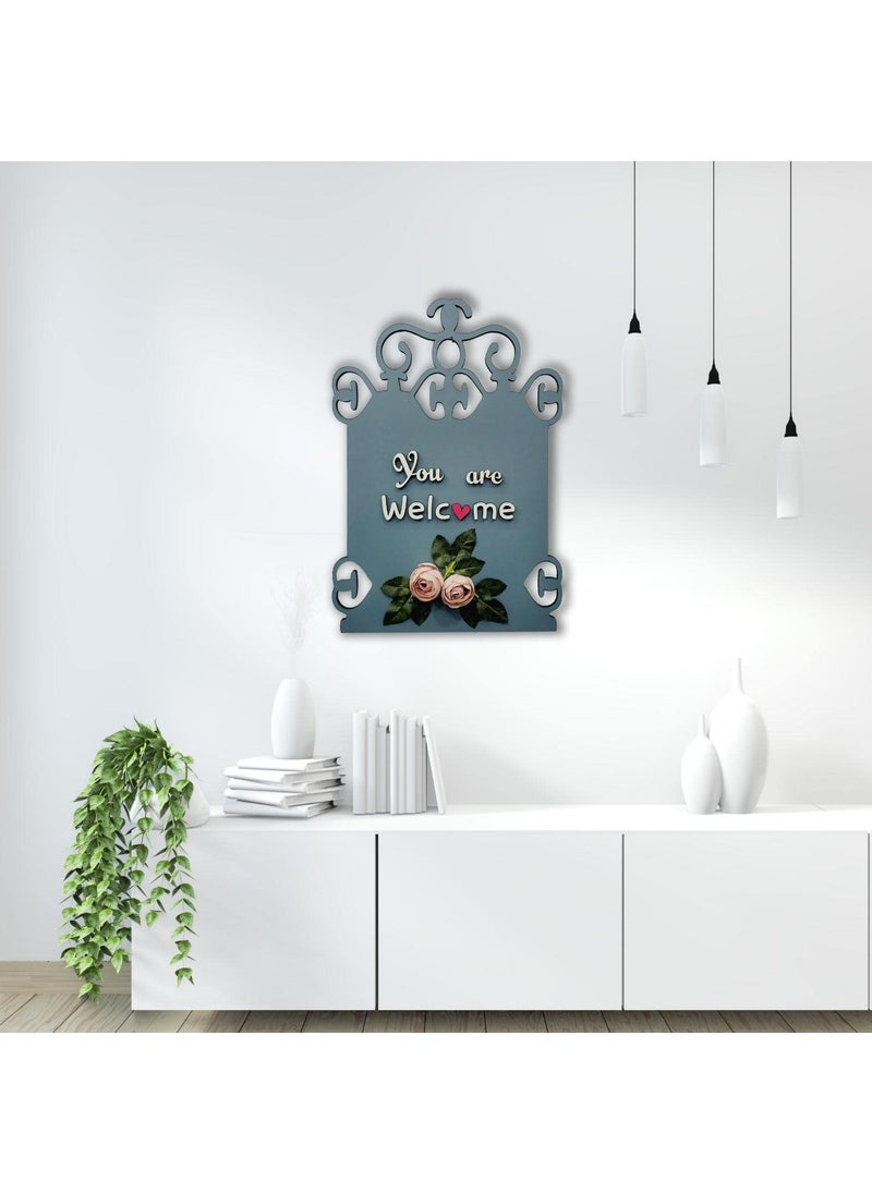 Chalk My Theme You are Welcome Wooden Wall Hanging with Artificial Pink Roses and Leaves for Living Room Kitchen Bedroom Balcony Cafe and Salon