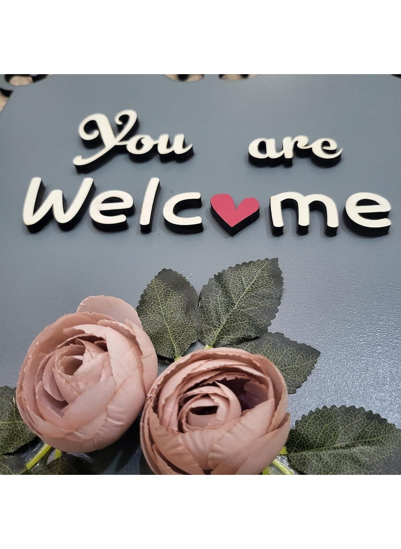 Chalk My Theme You are Welcome Wooden Wall Hanging with Artificial Pink Roses and Leaves for Living Room Kitchen Bedroom Balcony Cafe and Salon