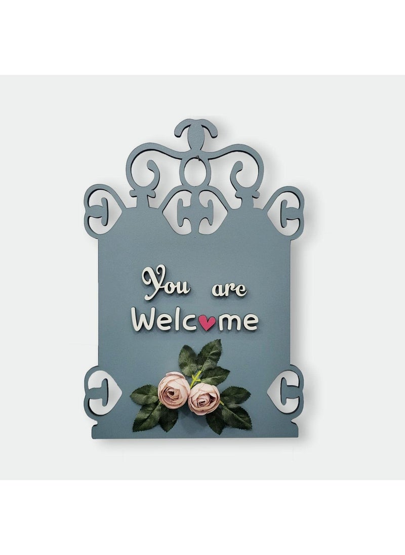 Chalk My Theme You are Welcome Wooden Wall Hanging with Artificial Pink Roses and Leaves for Living Room Kitchen Bedroom Balcony Cafe and Salon