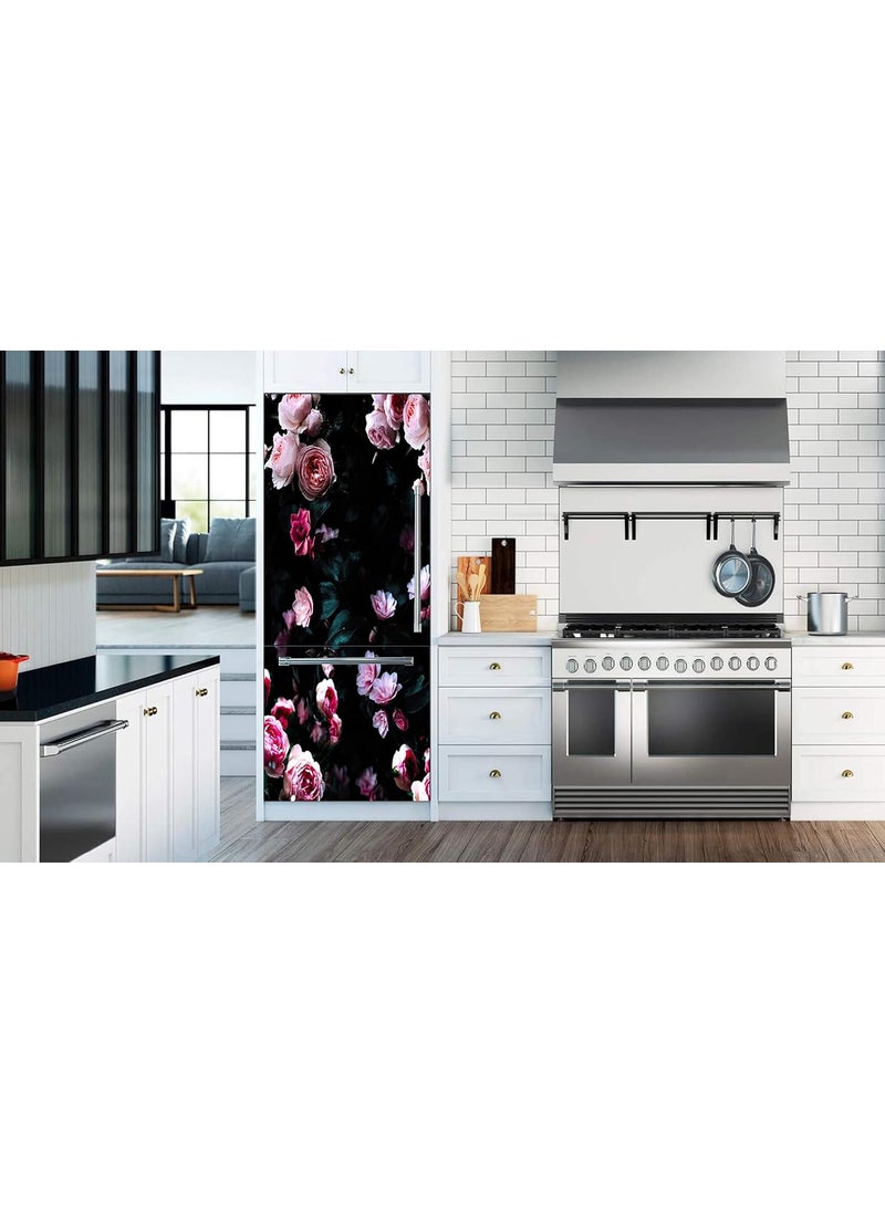Psychedelic Collection Vinly Beautiful Pink Rose Bunch with Black Background Self Adhesive Vinyl Sticker Fridge wrap Decorative Sticker PVC Vinyl Covering Area 120 X 60 CM
