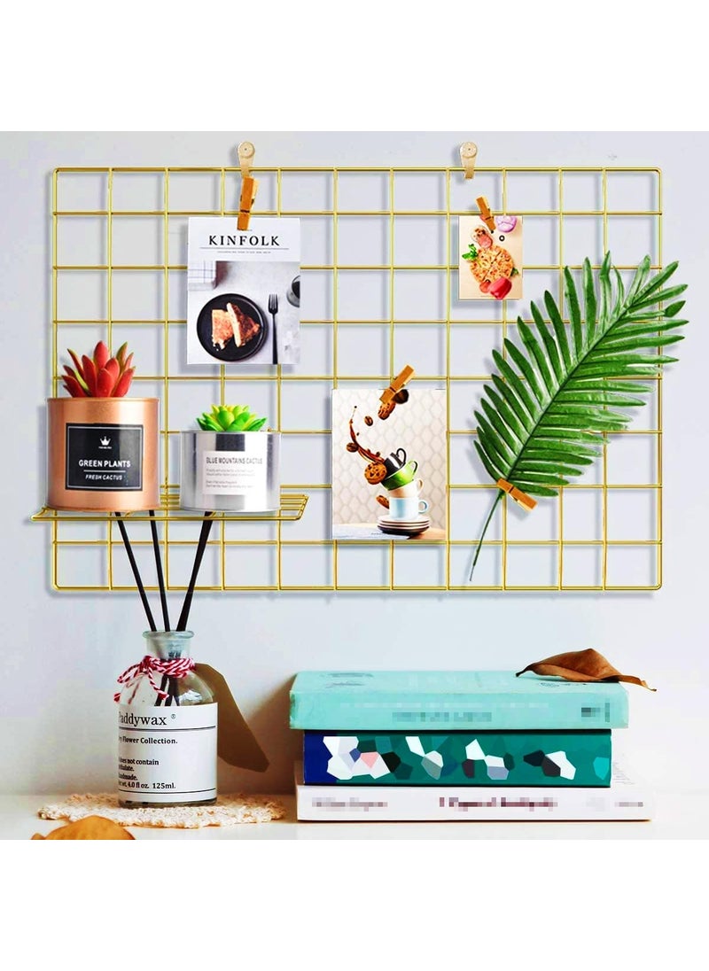 CreativeBuzz Steel Photo Collage Grid And 10 Wooden Deginer Clips Photo frame grid DIY Mesh Wire Frame Metal Hanging Aesthetic Moments Photo Wall Dcor for Home Living Room and office Golden