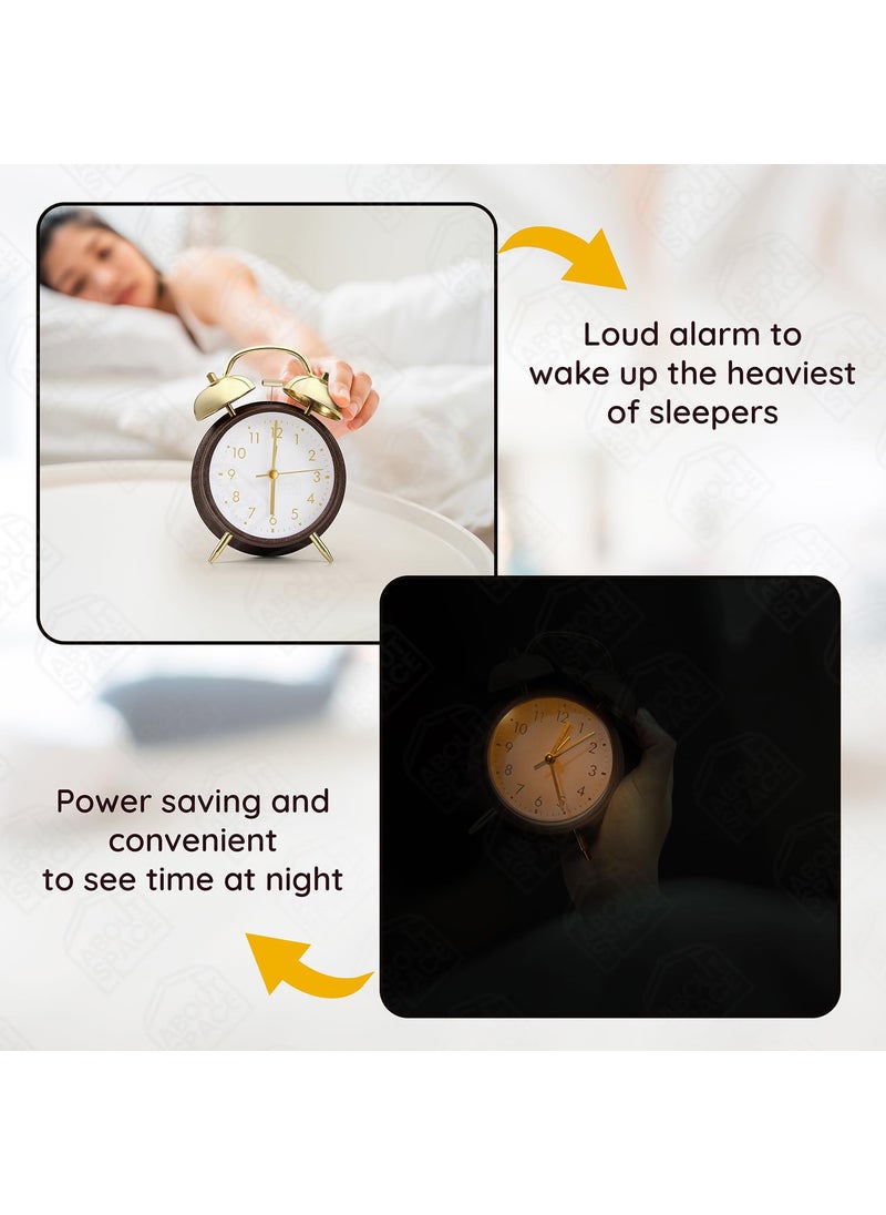 ABOUT SPACE Alarm clock 6 Inch Twin Bell Alarm Clock for Heavy Sleepers Analog Table Clock with Night Light Battery Powered for Home Office Kids Bedroom Brown Battery not Included PVC115 cm