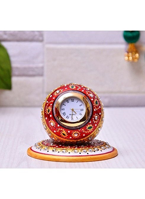 Pooja Creation Gold Painted Meenakari Work Decorative Marble Table Clock Watch