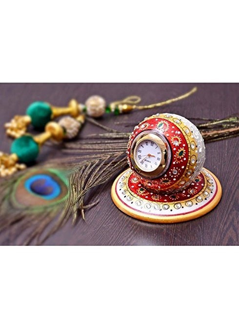 Pooja Creation Gold Painted Meenakari Work Decorative Marble Table Clock Watch