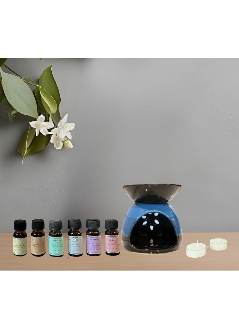 Sim Ross Ceramic Oil Burner Set Ceramic Oil Burner Used for Aromatherapy Meditation with 6 Fragrance Oil 15ml Tea Light Candles Home Fragrance Sapphire Midnight