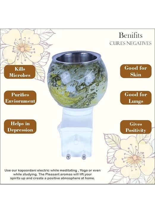Peepalcomm Marble Glass Green Kapoor Dani Electric Camphor Diffuser with 1 Mogra 1 Jasmine Scented Aroma Oil10ml Each Night Lamp Natural Air Purifier for Home FragranceOfficeSpaTemple Etc