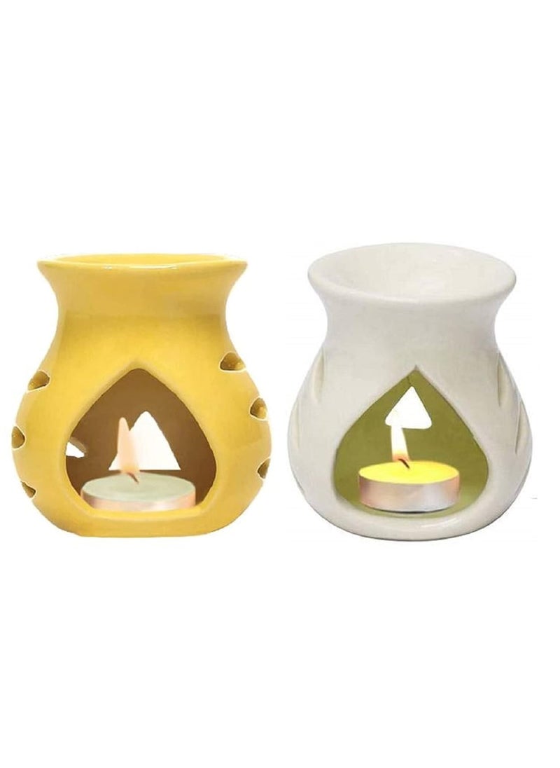 RTWARE Ceramic Clay Candle Operated Aroma Burner Oil Diffuser for Home Fragrance Yellow White Set of 2