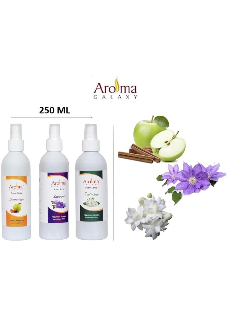 AROMA GALAXY Room Air Freshener Spray Combo Pack of 3 250ml each Cinnamon Apple Lemongrass Lavender Fresh Nature Inspired Fragrance for Home Office Long Lasting Fragrance