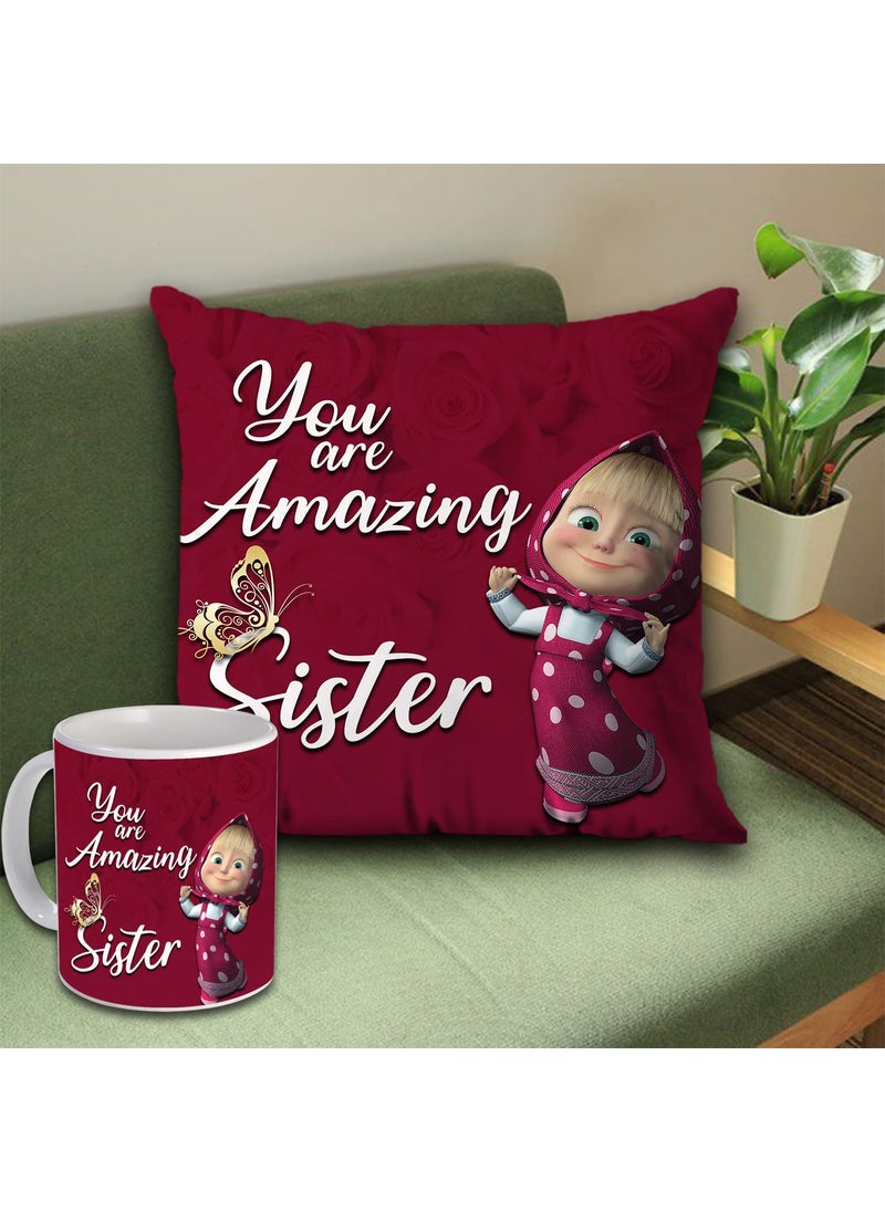 AWANI TRENDS Gift for Sister You are Amazing Sister Quoted Ceramic Coffee Mug and Cushion Combo Gifts for Sister on Birthday Raksha Bandhan Unique Beautiful Gift Set