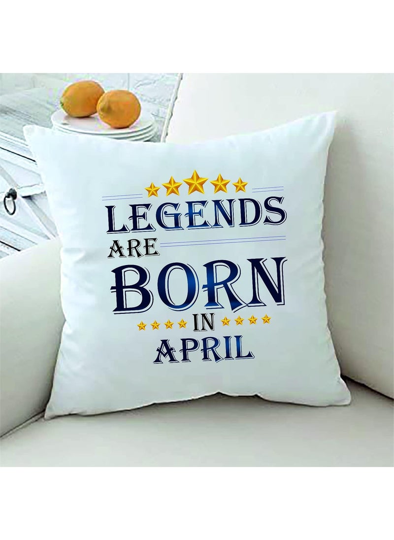 PICRAZEE Legends are Born in April Happy Birthday Gift Combo Set 1 Printed 12 x 12 Satin Cushion with Filler 1 Coffee Mug 1 Key Ring April CMK