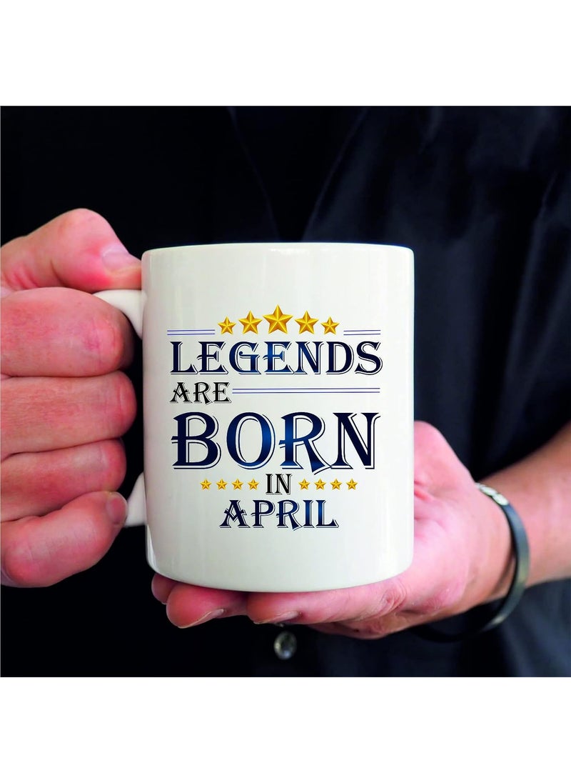 PICRAZEE Legends are Born in April Happy Birthday Gift Combo Set 1 Printed 12 x 12 Satin Cushion with Filler 1 Coffee Mug 1 Key Ring April CMK