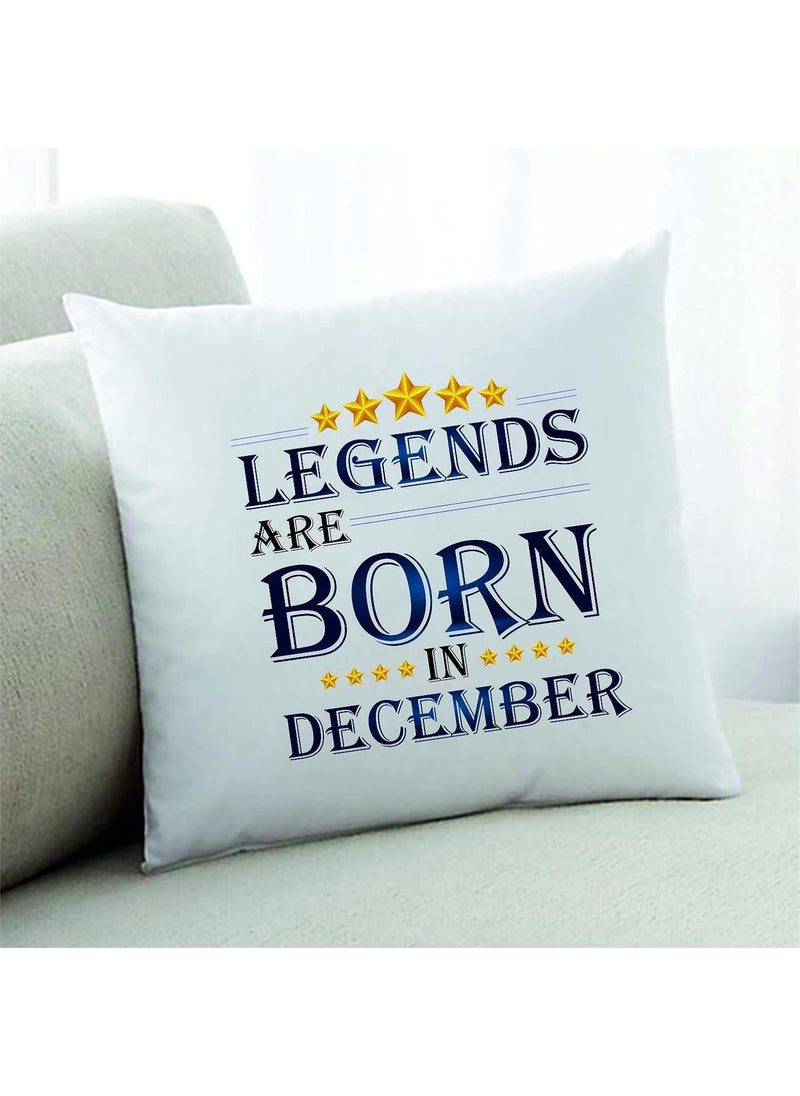 PICRAZEE Legends are Born in December Happy Birthday Gift Combo Set 1 Printed 12 x 12 Satin Cushion with Filler 1 Coffee Mug 1 Key Ring December CMK