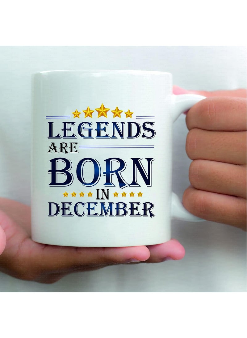 PICRAZEE Legends are Born in December Happy Birthday Gift Combo Set 1 Printed 12 x 12 Satin Cushion with Filler 1 Coffee Mug 1 Key Ring December CMK