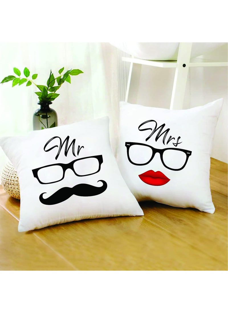 PICRAZEE Mr Mrs Couple Gift Combo for Anniversary Husband and Wife 2 nos of 12x12 Satin Cushion with Filler 2 nos Mugs 2 nos Keyrings 1202