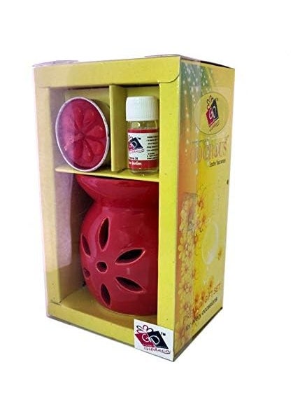 SerenityEssence Lavender Infusion Gift Set Red Ceramic Tea Light Holder Enchanting Aroma Diffuser Serene Oil Burner and Opulent Wax Warmer