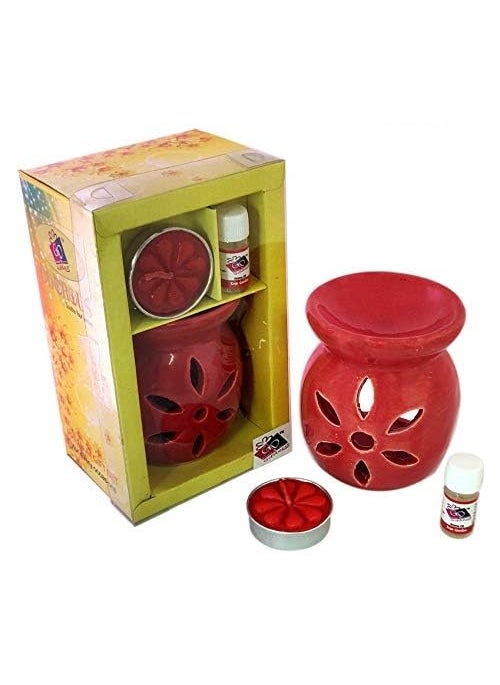 SerenityEssence Lavender Infusion Gift Set Red Ceramic Tea Light Holder Enchanting Aroma Diffuser Serene Oil Burner and Opulent Wax Warmer