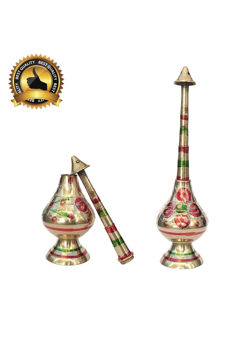 Saubhagya Pure Brass Gulab Pash Rose Water Holy Water and Perfume Sprinklers Gangajal Spray Bottle for PoojaPuja Mandir Temple Gold 10 inches 2piece Color