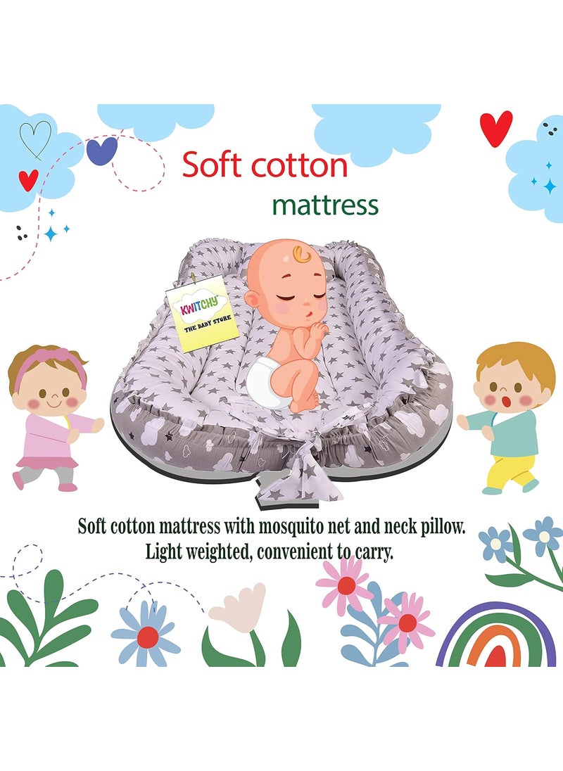 Kwitchy Baby Bed New Born Baby Sleeping Bag Bedding Set Mattress Carry Nest Mosquito Net Cotton Gadda Set Essential Combo Products All Gift Pack 06 Months Grey 2PCS Set