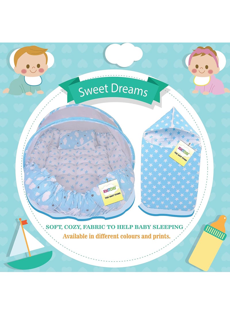 Kwitchy Baby Bed New Born Baby Beddin Set Sleeping Bag Mattress Mosquito Net Carry Nest Net Bed Essential Infants Combo Gift Baby Shower 06 Months Blue 2PCS Set