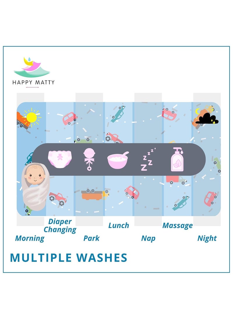 Happy Matty Polyester Babys Extra Absorbent Quick Dry Sheet Playmat Waterproof Reusable Washable Soft Comfortable Best Gifting Lint Free Fabrics Mattress Crib Protector Cars Medium 50cm x 70cm
