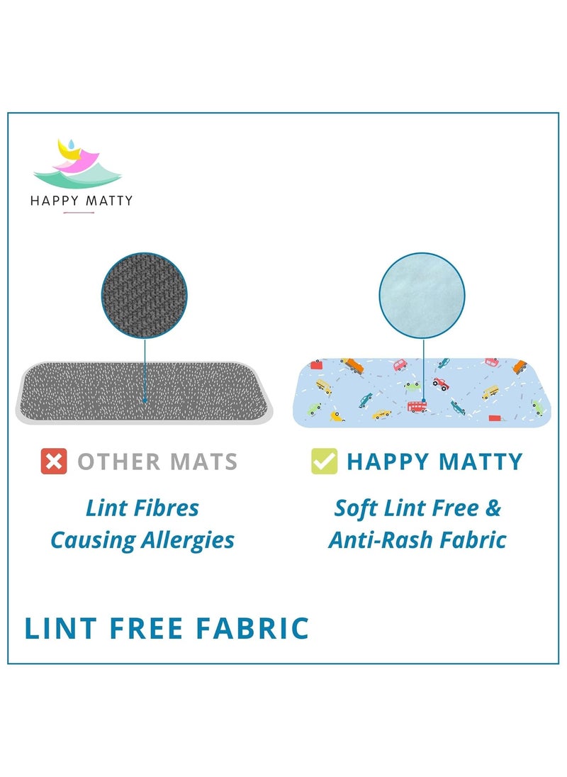 Happy Matty Polyester Babys Extra Absorbent Quick Dry Sheet Playmat Waterproof Reusable Washable Soft Comfortable Best Gifting Lint Free Fabrics Mattress Crib Protector Cars Medium 50cm x 70cm