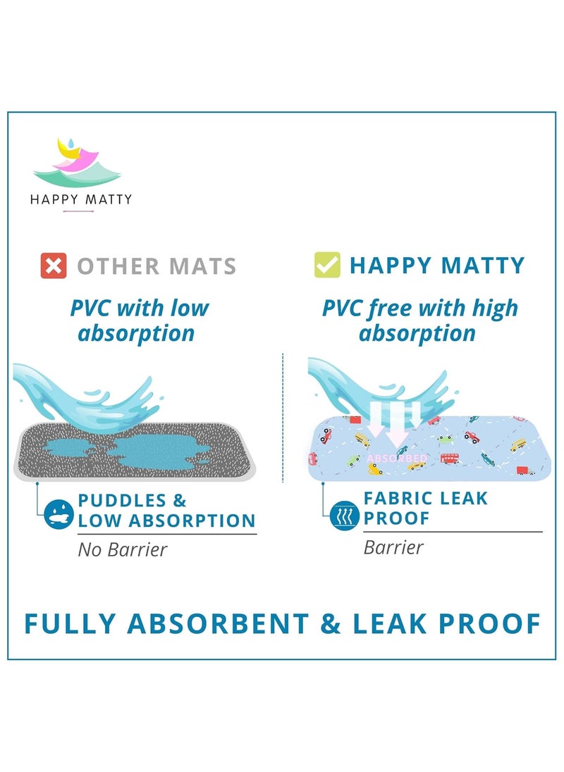 Happy Matty Polyester Babys Extra Absorbent Quick Dry Sheet Playmat Waterproof Reusable Washable Soft Comfortable Best Gifting Lint Free Fabrics Mattress Crib Protector Cars Medium 50cm x 70cm