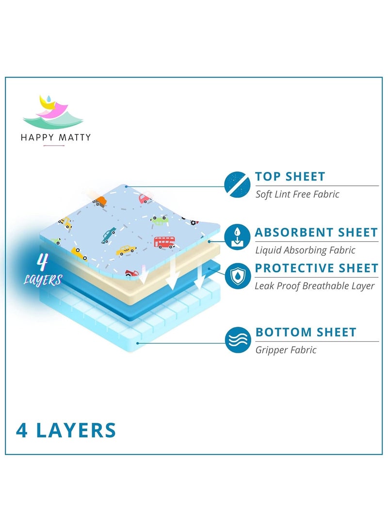 Happy Matty Polyester Babys Extra Absorbent Quick Dry Sheet Playmat Waterproof Reusable Washable Soft Comfortable Best Gifting Lint Free Fabrics Mattress Crib Protector Cars Medium 50cm x 70cm