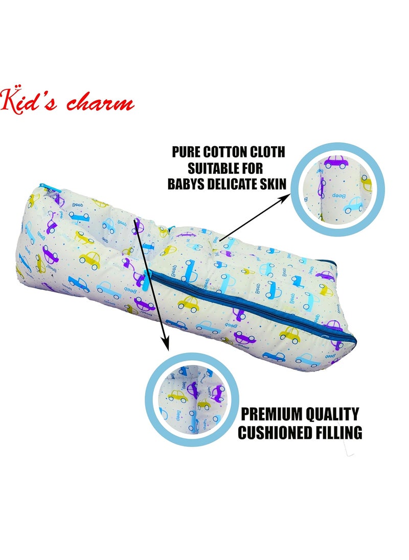 Kids Charm Car 3 PCS Combo Set 3 in 1 Babys Cotton Bed Cum Carry Bed5 in 1 Babys Cotton Breast Feeding Pillow with Safety Belt2 in 1 Babys Cotton with Mosquito Net for 48 Months Blue