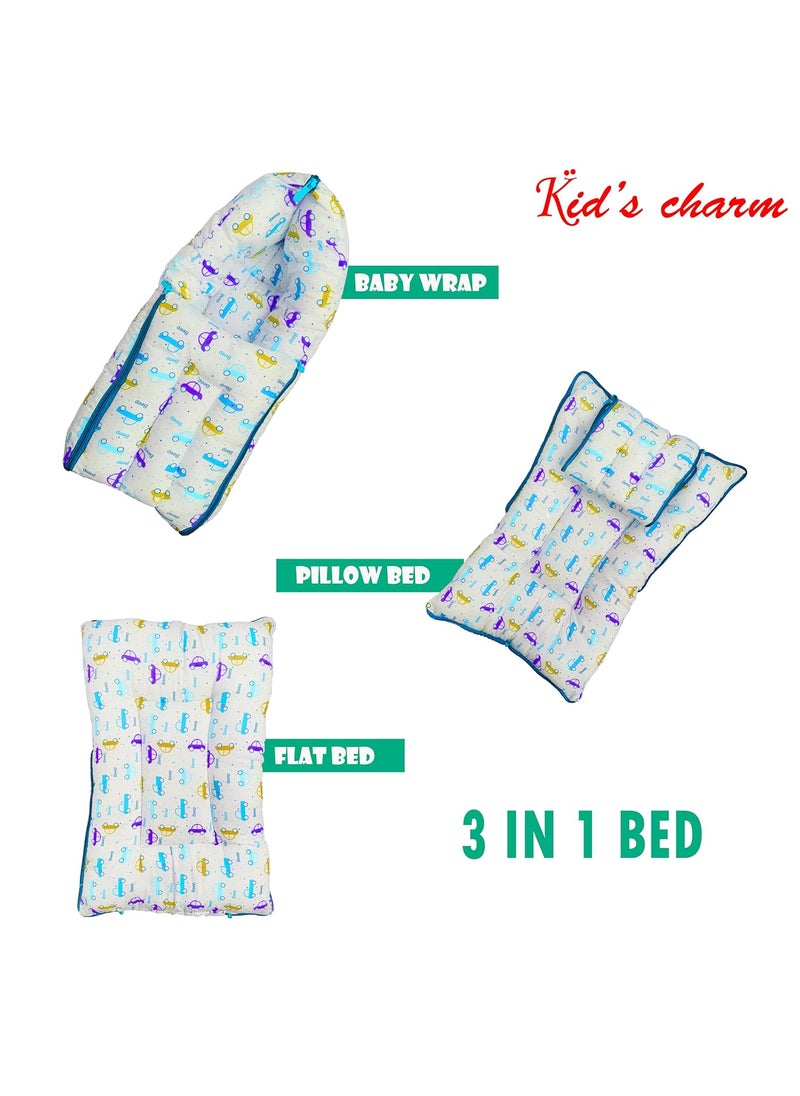 Kids Charm Car 3 PCS Combo Set 3 in 1 Babys Cotton Bed Cum Carry Bed5 in 1 Babys Cotton Breast Feeding Pillow with Safety Belt2 in 1 Babys Cotton with Mosquito Net for 48 Months Blue