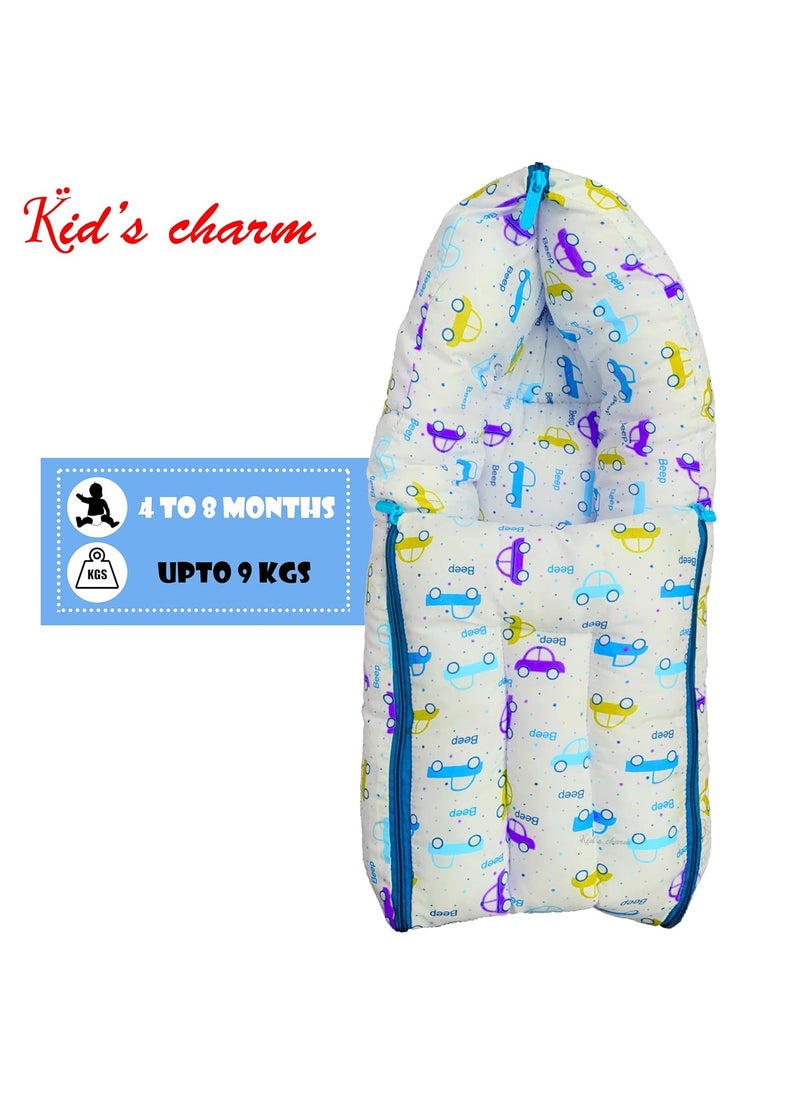 Kids Charm Car 3 PCS Combo Set 3 in 1 Babys Cotton Bed Cum Carry Bed5 in 1 Babys Cotton Breast Feeding Pillow with Safety Belt2 in 1 Babys Cotton with Mosquito Net for 48 Months Blue