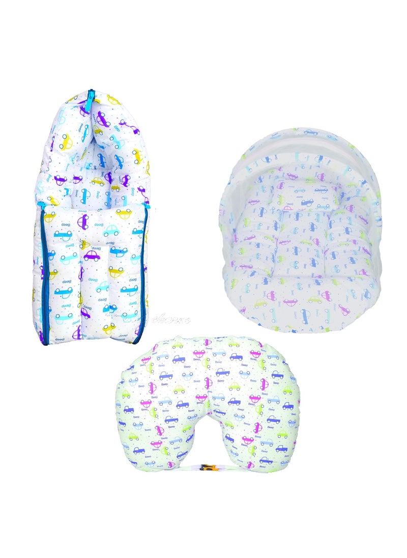 Kids Charm Car 3 PCS Combo Set 3 in 1 Babys Cotton Bed Cum Carry Bed5 in 1 Babys Cotton Breast Feeding Pillow with Safety Belt2 in 1 Babys Cotton with Mosquito Net for 48 Months Blue