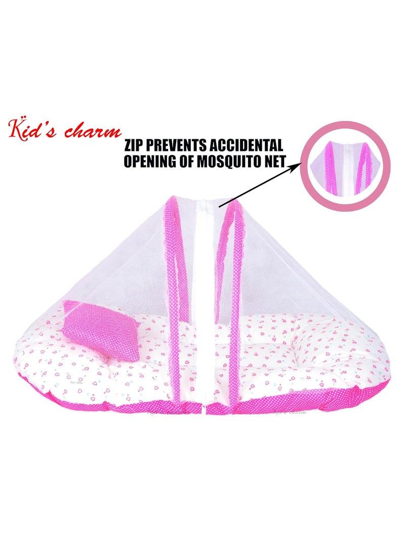 Kids Charm Little Heart 2 PCS Combo Set 3 in 1 Babys Cotton Cum Carry Bed2 in 1 Babys Cotton Bed with Mosquito Net for 48 Months Pink