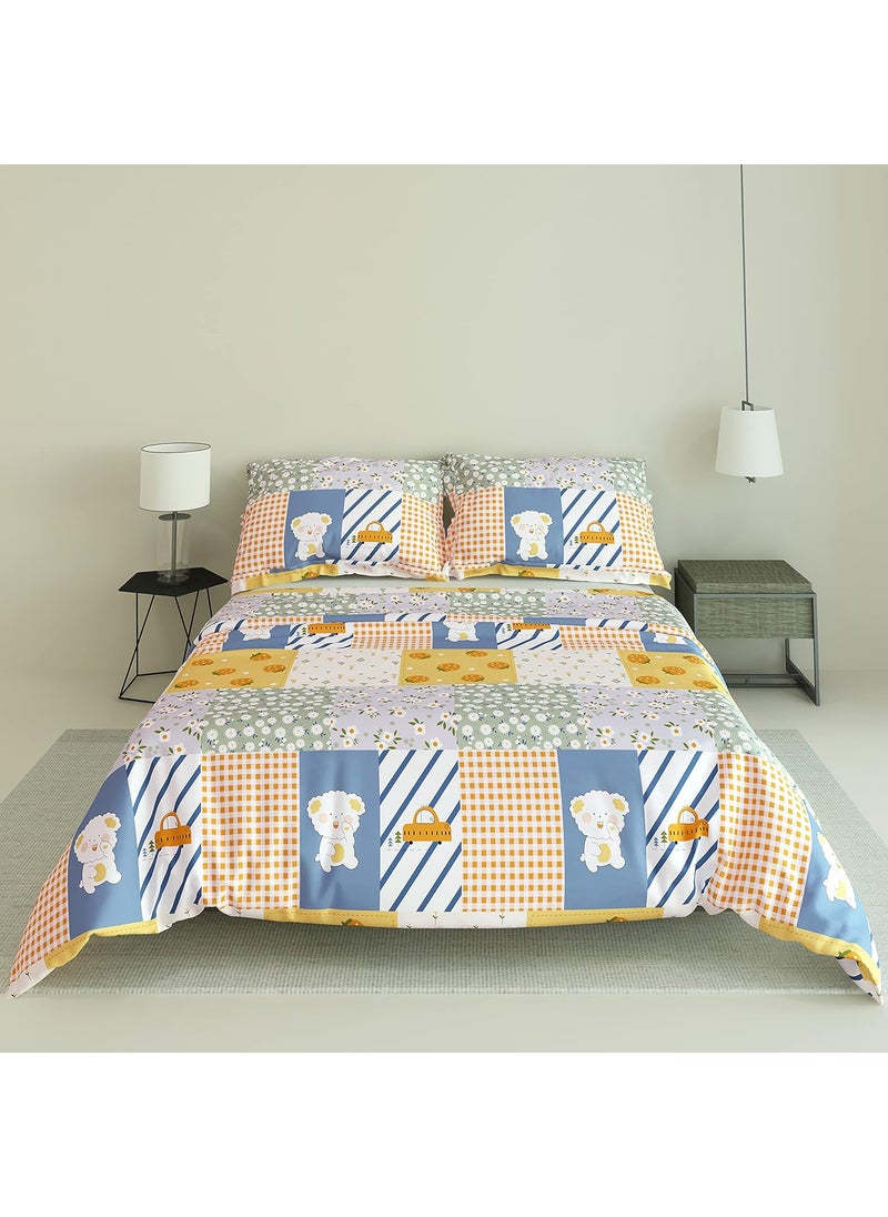 LABHAM Kids Mania 140GSM Glace Cotton Floral Abstract Print Super Soft Double Bed King Size Bedsheet 90 x 100 with 2 Pillow Covers Blue Orange