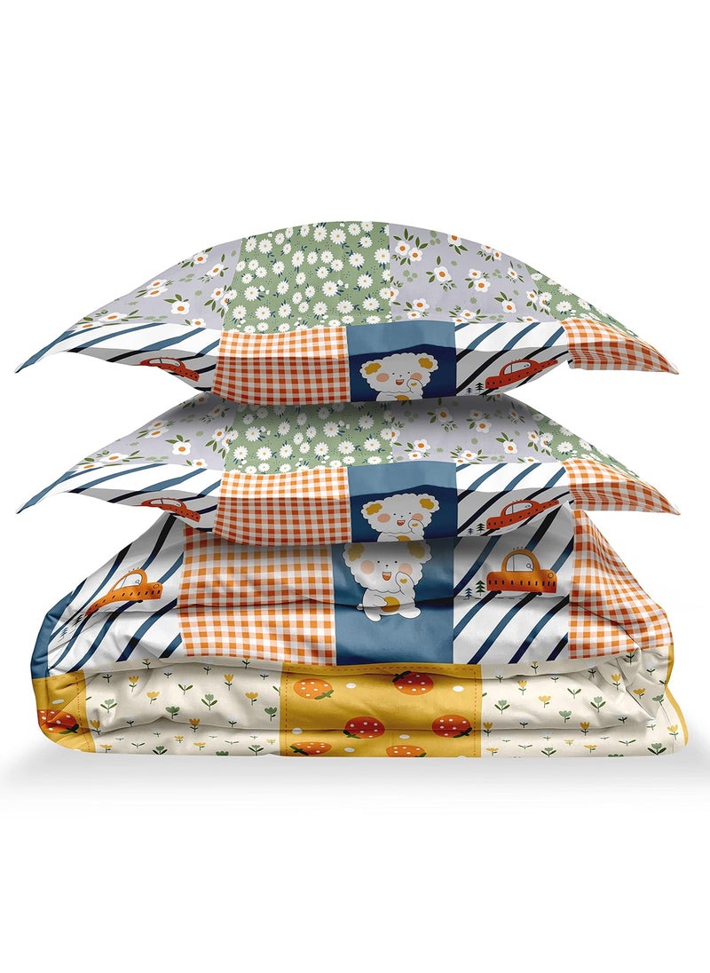 LABHAM Kids Mania 140GSM Glace Cotton Floral Abstract Print Super Soft Double Bed King Size Bedsheet 90 x 100 with 2 Pillow Covers Blue Orange